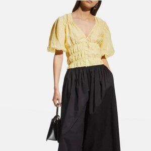 FRAME Julianna Butter Yellow Puff Sleeve Cropped Top Pastel Boho Peasant Blouse